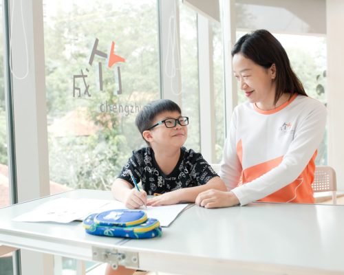 A-teacher-and-a-young-boy-engaged-in-writing-at-a-table-illustrating-a-learning-moment-in-Mandarin-classes-in-Singapore---Chengzhu-Mandarin-Centre